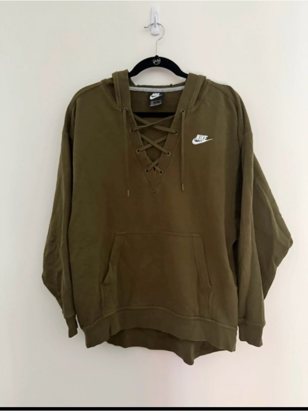 Nike Olive Green Lace-Up V-Neck Hoodie